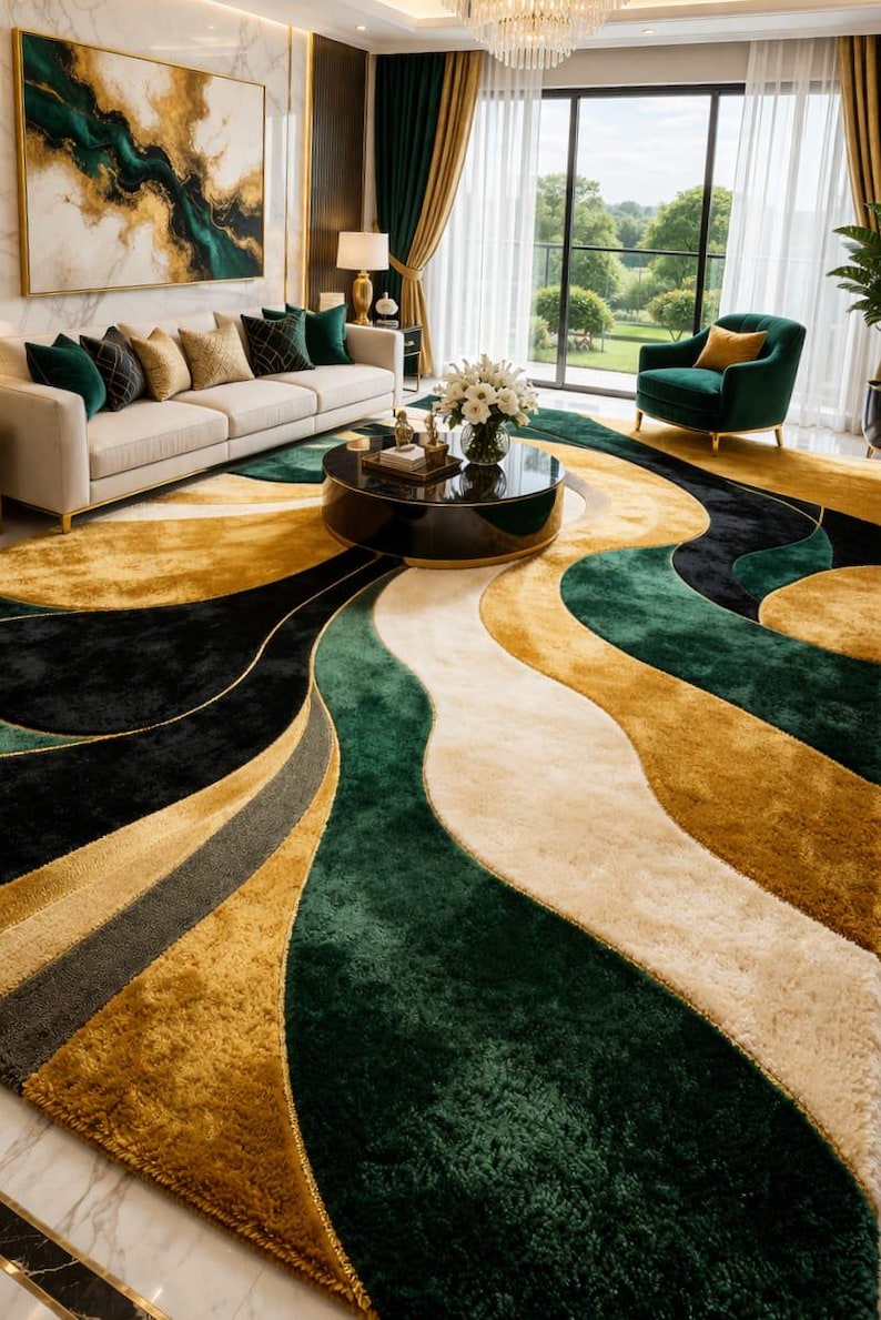 Luxury 3D Emerald Green and Gold Abstract Rug - Large Wavy Hand-tufted ...