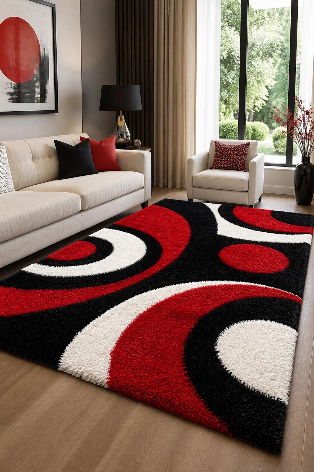 Modern Abstract Area Rug Red Black White Geometric Shag Mid Century ...