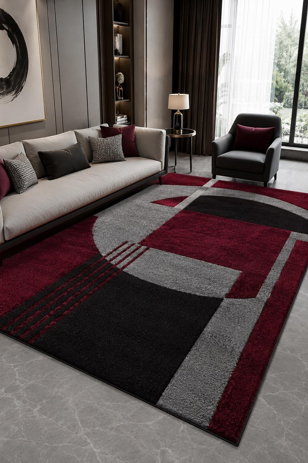 Modern Geometric Hand Tufted Area Rug, Abstract Living Room Carpet, Red ...