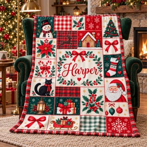 Personalized Christmas Blanket with Name, Festive Patchwork Style Throw, Red Green Plaid, Santa and Snowman Design, Holiday Gift and Decor