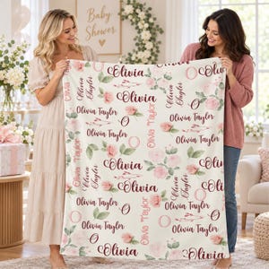 Personalized Baby Girl Blanket with Name, Pink Rose Floral Design, Custom Name and Initial Throw, Baby Shower Gift, Newborn Nursery Keepsake
