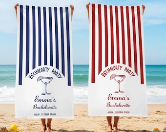 May include: Two beach towels with vertical stripes, one blue and white, the other red and white. Each towel has the text "BECHALORTY PARTY" and "Emma's Bachelorette" with a cocktail illustration. The location "MIAMI, FLORIDA BEACH" is also printed.
