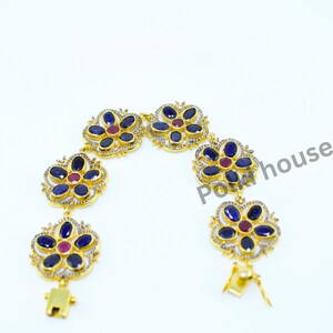 Ruby & Blue Sapphire Flower Bracelet, Glass Filled Ruby Bracelet, 925 Sterling Silver Gold Plated Bracelet, Lightweight Floral Jewelry