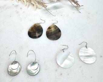 Natural Shell Earrings Set | White & Black Mother of Pearl Jewelry | Boho Beach Drop Earrings | Gift for Her | 925 Sterling Silver