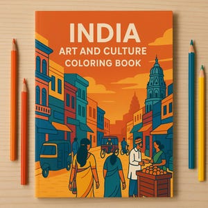 India Street Scene Coloring Book, Culture Heritage Digital Download Indian Architecture People Market Art for Adults & Kids Printable Pages