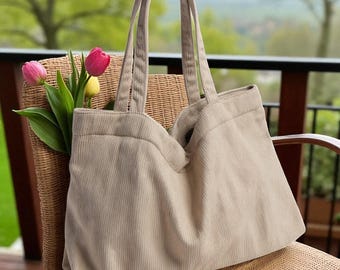 Corduroy Tote Bag, Soft Shoulder Bag, Minimalist Corduroy Purse, Handmade Large Everyday Handbag, Casual Retro Aesthetic Shopper, Gift