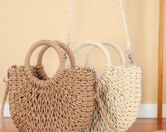Woven Straw Handbag, Boho Summer Tote with Crossbody Strap, Handmade Rattan Circle Bag, Casual Beach Purse, Lightweight Everyday Bag, Gift