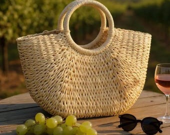 Retro Woven Tote Bag, Handmade Summer Beach Purse, Minimalist Rattan Shoulder Bag, Vintage-Style Vacation Handbag, Boho Straw Market Bag