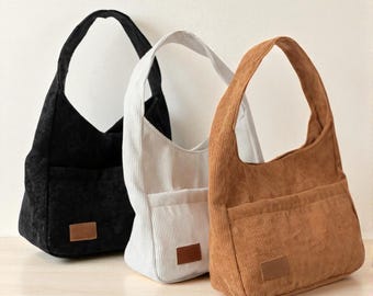 Handmade Corduroy Shoulder Bag, Slouchy Tote Bag, Soft Crossbody Purse, Minimalist Everyday Handbag, Large Capacity Casual Bag, Gift for her