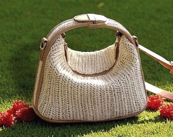 Compact Woven Straw Handbag, Chic Summer Purse with Gold Clasp, Dual Carry Top Handle Bag, Minimalist Boho Basket Tote, Gift