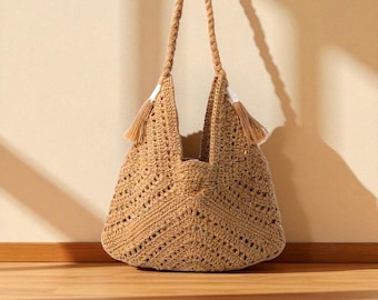 Crochet Tote Bag, Boho Shoulder Purse, Handmade Woven Market Bag, Lightweight Summer Beach Tote, Minimalist Everyday Handbag, Gift for her