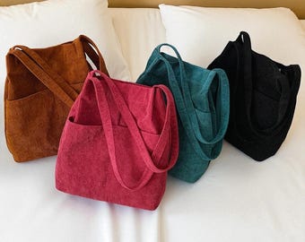 Handmade Corduroy Tote Bag, Minimalist Shoulder Purse, Soft Retro Market Bag, Everyday Cord Handbag, Boho Style Shopper, Gift for Her