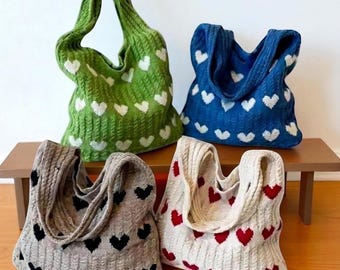 Heart Knit Tote Bag, Cozy Slouchy Shoulder Purse, Handmade Retro Market Bag, Soft Wool Boho Tote, Vintage-Style Minimalist Handbag