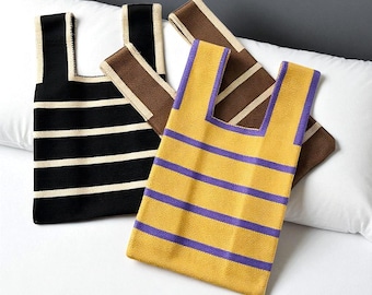 Striped Knit Tote Bag, Modern Boho Handle Purse, Handmade Color Block Bag, Soft Retro Style Market Tote, Minimalist Everyday Handbagn, Gift