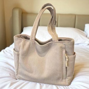 Handmade Corduroy Tote Bag with Pockets, Large Capacity Shoulder Bag, Retro Casual Shopper, Everyday Work Purse, Gift for Her
