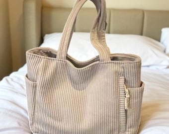 Handmade Corduroy Tote Bag with Pockets, Large Capacity Shoulder Bag, Retro Casual Shopper, Everyday Work Purse, Gift for Her