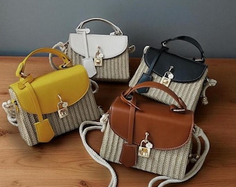 Handmade Woven Top Handle Bag | Boho Straw Crossbody | Vintage Rope Shoulder Purse | Chic Color Block Handbag for Travel & Summer