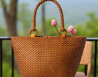 Handwoven Leather Woven Tote Bag, Large Basket Purse, Handmade Hollow Weave Shoulder Handbag, Vintage Boho Market Bag for Women