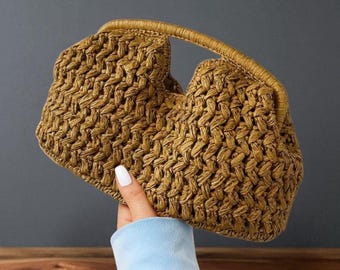 Handwoven Arc Handle Bag, Crochet Woven Tote, Minimalist Summer Purse, Boho Chic Handbag, Structured Straw Look, Everyday Shoulder Bag, Gift