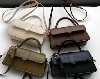 Vintage Leather Crossbody Bag, Minimalist Satchel Purse, Classic Top Handle Shoulder Bag, Elegant Everyday Handbag, Retro Structured Bag