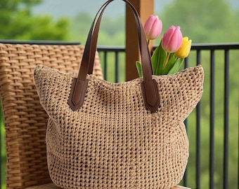 Handmade Straw Tote Bag, Woven Summer Beach Purse, Large Boho Market Bag, Everyday Raffia Style Handbag, Natural Shopper Tote, Gift for Her
