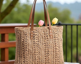 Handmade Straw Tote Bag, Large Woven Shoulder Purse, Boho Beach Market Bag, Eco-Friendly Raffia Handbag, Summer Everyday Tote, Gift