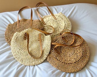 Handmade Woven Straw Bag, Round Rattan Tote, Boho Summer Beach Purse, Vintage Style Market Handbag, Casual Holiday Shopper, Gift for Her