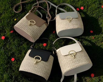 Chic Straw Shoulder Bag, Color Block Flap Purse, Summer Woven Bucket Tote, Boho Beach Crossbody, Elegant Vacation Handbag, Colored, Gift