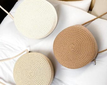 Round Straw Crossbody Bag, Handmade Woven Summer Purse, Boho Beach Shoulder Bag, Minimalist Rattan Style Tote, Casual Vacation Handbag