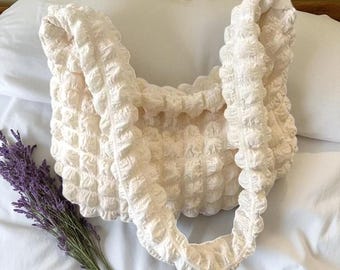 Handmade Puffy Textured Shoulder Bag, Soft Quilted Tote, Cozy Everyday Hobo Purse, Retro Chunky Style Handbag, Gift for Her