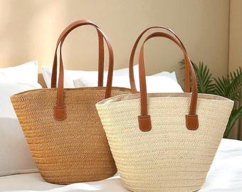Handmade Woven Tote Bag, Minimalist Summer Beach Purse, Large Straw Market Handbag, Casual Boho Shoulder Bag, Travel Shopper, Gift for her