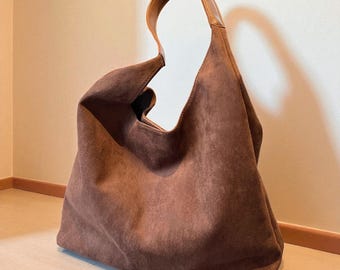 Handmade Suede Shoulder Bag, Minimalist Hobo Tote, Soft Brown Everyday Purse, Large Casual Shopper, Vintage Boho Handbag, Gift for Her