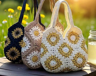 Sunflower Crochet Tote Bag, Handmade Boho Shoulder Purse, Slouchy Granny Square Bag, Soft Yarn Festival Tote, Vintage-Inspired Handbag