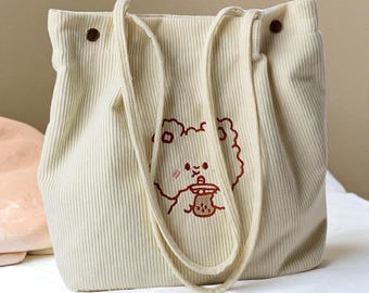 Handmade Corduroy Bear Tote Bag, Cute Shoulder Purse, Soft Retro Shopper, Minimalist Everyday Bag, Kawaii Gift for Her, Vintage Tote