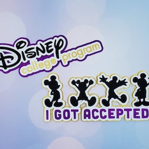 May include: A purple and gold glitter sticker with the text "Disney college program" and a white sticker with four black silhouettes of Mickey Mouse and the text "I got accepted!"