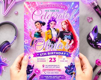 May include: A rectangular birthday invitation card featuring three illustrated characters in colorful outfits against a vibrant pink and purple background with stars and musical notes. Text includes "You're Invited!", "Olivia's 5th Birthday", and event details.