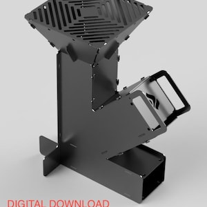 May include: A black metal camping stove with a square top and a rectangular base. The top has a patterned grill design. The stove has a unique, angular design. The text "DIGITAL DOWNLOAD" is printed in red at the bottom.