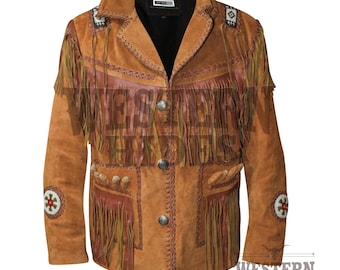 Men's Brown Suede Leather Western Fringe Jacket - Beaded Cowboy Coat - Vintage Native Inspired Style