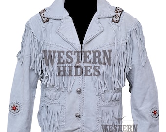 May include: A pale blue suede jacket with fringe detailing, decorative stitching, and silver buttons. The jacket features the text "WESTERN HIDES" and decorative beading on the shoulders and sleeves. A Western-style jacket.