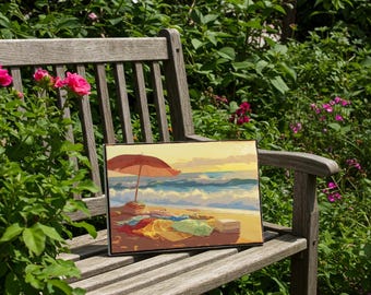 Sunset Beach Umbrella Paint by Numbers Canvas Kit – DIY Coastal Wall Art with Ocean Waves and Golden Sky, Relaxing Painting for Home Decor