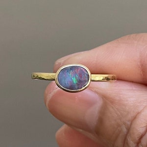 Multi Color Oval Boulder Opal Dainty Ring Size: 7.5US Solid 14k Gold Bezel Set Blue Gemstone