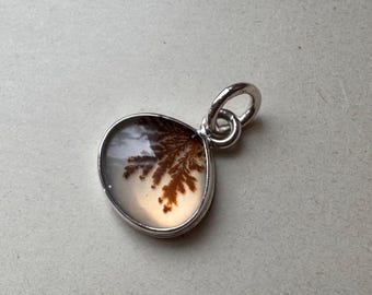 May include: A teardrop-shaped pendant featuring a translucent, milky-white stone with a distinct, dark brown, fern-like dendritic inclusion. The stone is encased in a polished silver bezel setting with a matching silver jump ring attached at the top.