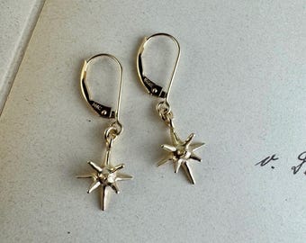 May include: A pair of gold-toned drop earrings featuring a multi-pointed star charm suspended from a leverback closure. Each star has a textured, dimensional surface with rays extending from a central point, crafted in a polished metallic finish.