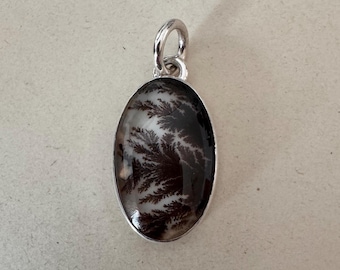 May include: An oval-shaped pendant featuring a polished dendritic agate stone with dark, fern-like inclusions set in a smooth silver-toned metal frame. The pendant includes a circular silver-toned bail at the top for attachment to a chain or cord.