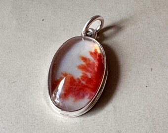 May include: An oval pendant featuring a polished, translucent white stone with vibrant, branching red inclusions that resemble fern-like patterns. The stone is encased in a smooth, polished silver-toned metal bezel setting with a small circular bail.
