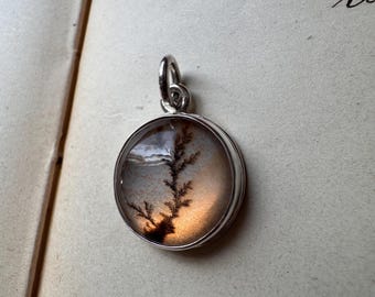 May include: A round pendant featuring a translucent dendritic agate stone set in a polished silver frame. The stone displays natural dark brown, fern-like inclusions that resemble branching tree patterns against a soft, warm, and cloudy background.