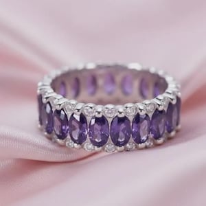 Amethyst Marquise Eternity Band Ring, Silver Anniversary Stackable Ring