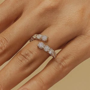 Bypass Ring, 14K Gold Wrap , Unique Open Eternity Band, Round Cut Moissanite Wedding Ring,