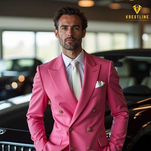 Men&#39;s Custom Tailored Pink Double Breasted Suit: Krestline Wedding Style