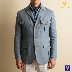 Men’s Vintage Powder Blue Safari Suit | African Explorer Jacket & Trousers Set | Oversized Cargo Travel Wear | Adventure Outfit for Him